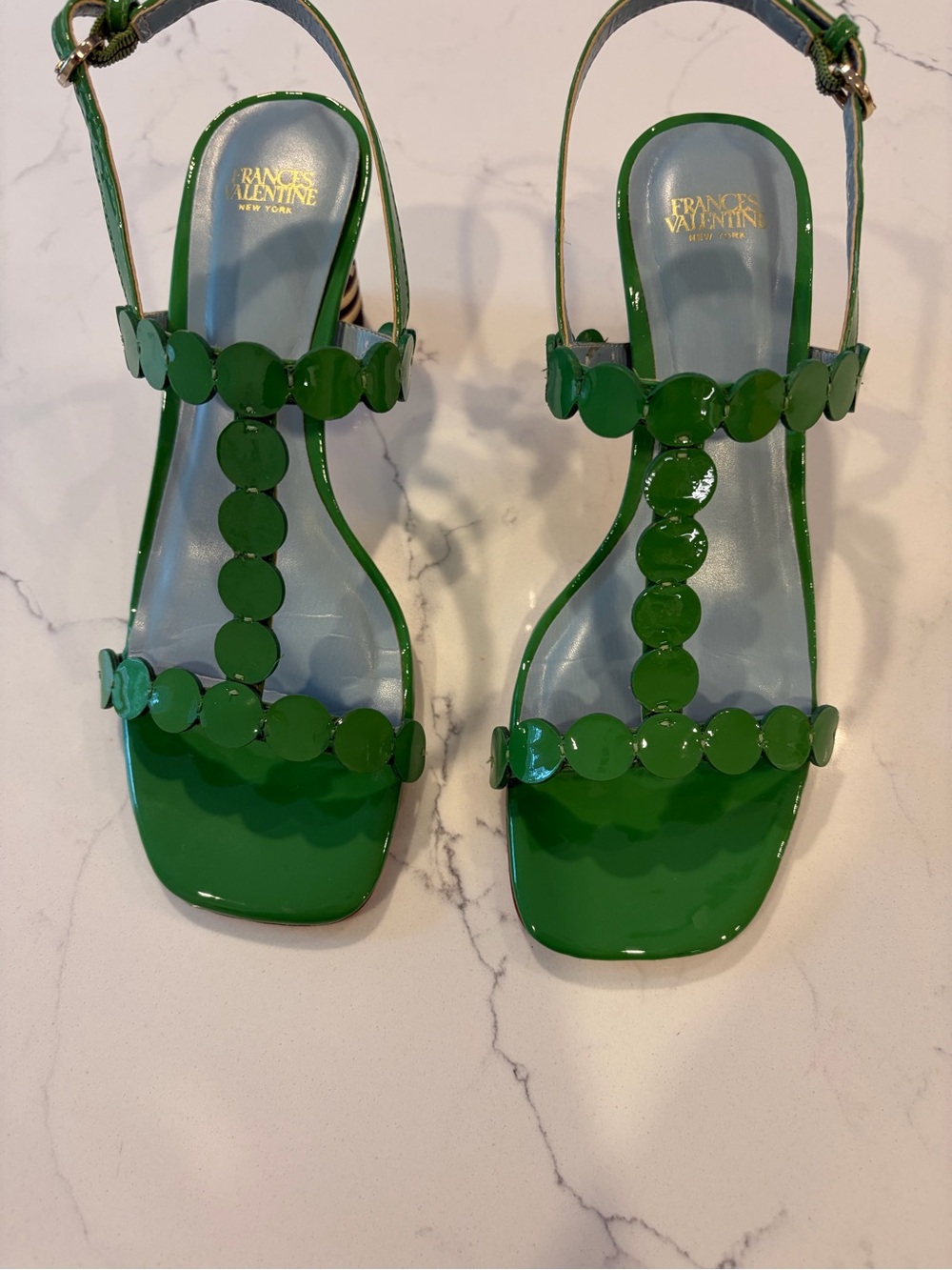 Frances Valentine Glossy Emerald Green T-Strap Sandals